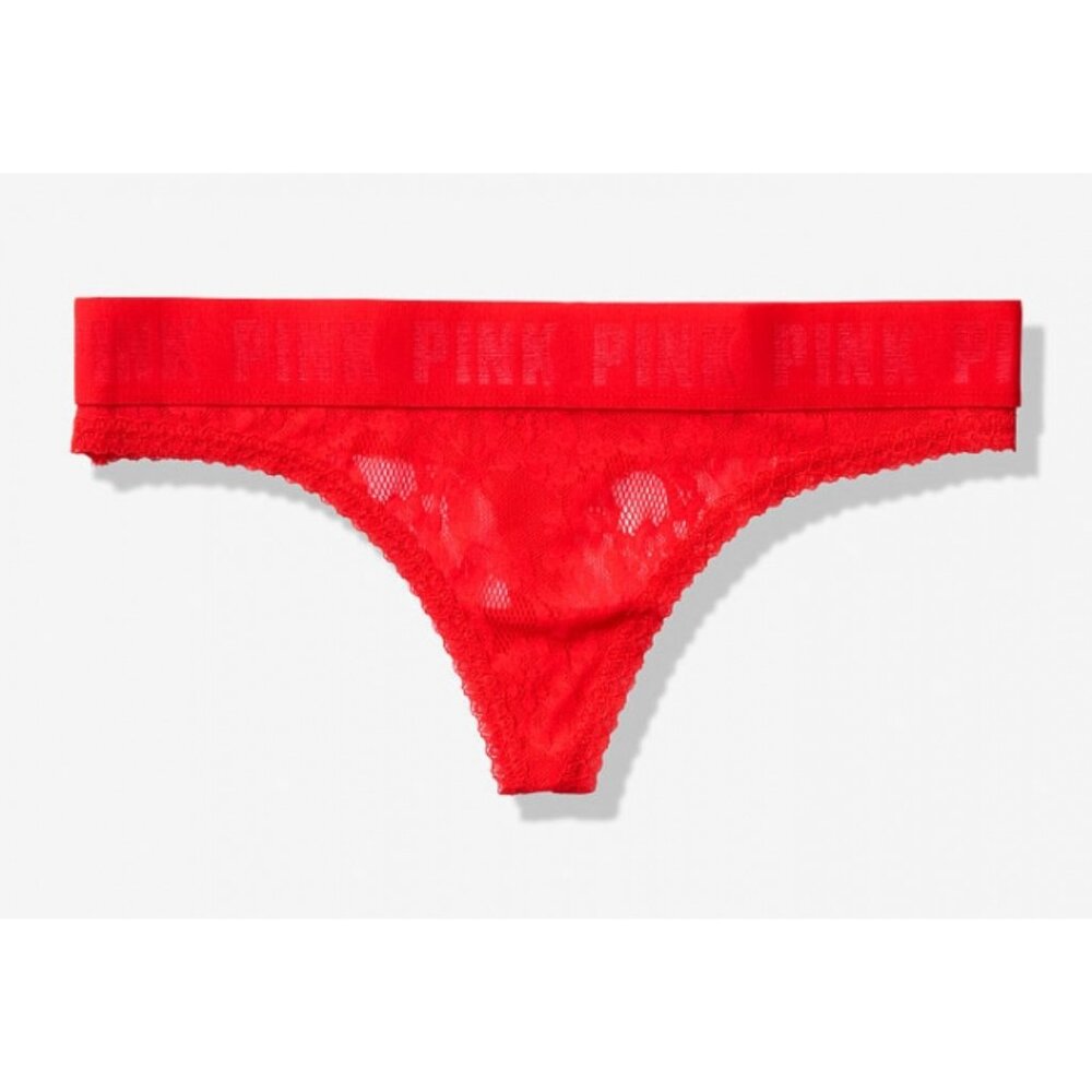 PINK Victoria's Secret Logo Thong Red Lace NWOT size medium